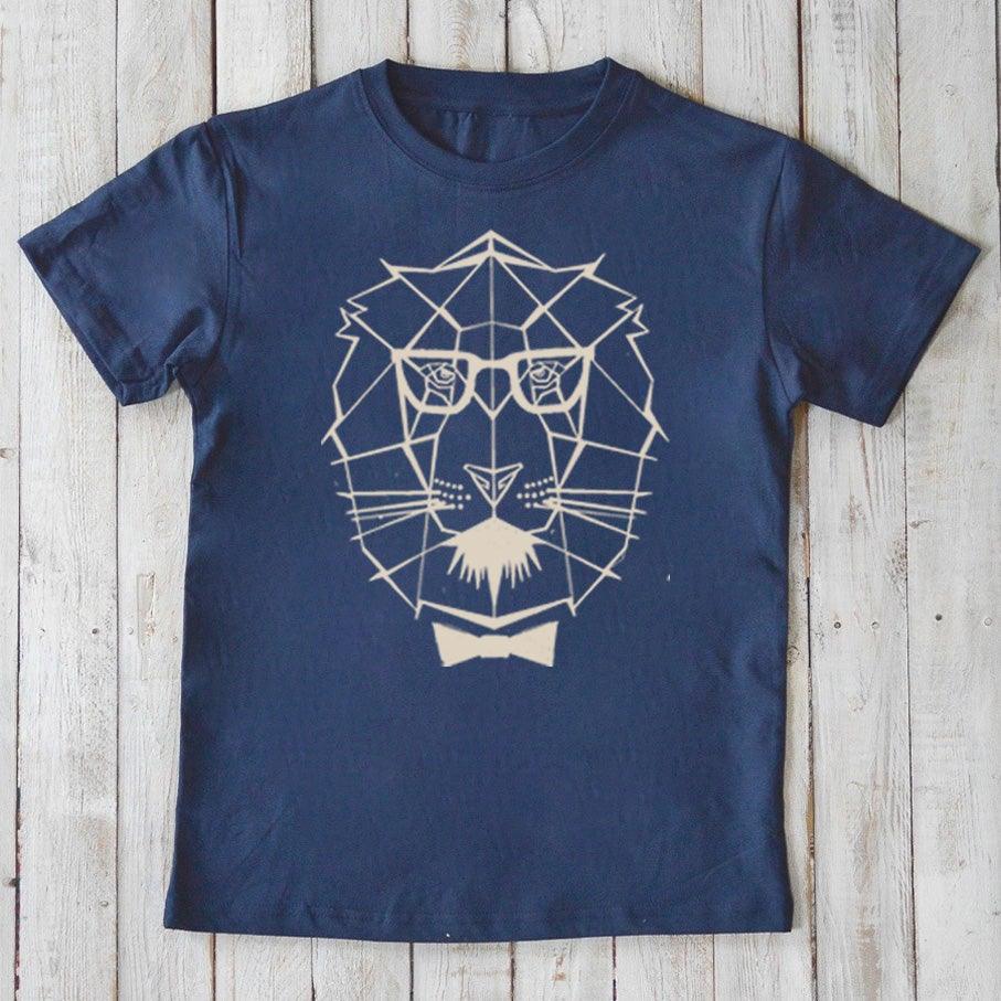 Navy blue kids' organic cotton t-shirt with geometric lion face and bow tie, sustainable animal graphic top for children.