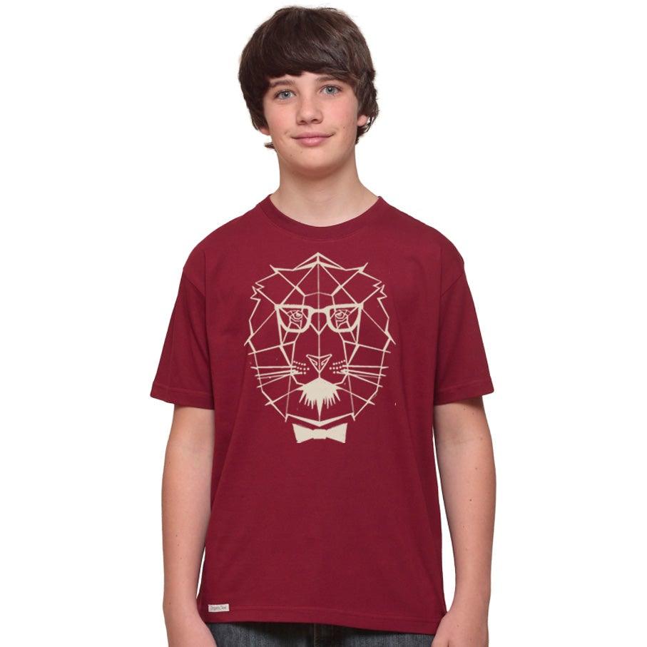 Boy wearing maroon kids' lion t-shirt made from organic cotton, featuring a geometric lion graphic with glasses and bow tie.