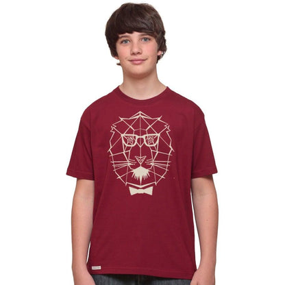 Boy wearing maroon kids' lion t-shirt made from organic cotton, featuring a geometric lion graphic with glasses and bow tie.