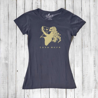 Navy blue Women's Love T-Shirt made from bamboo & organic cotton with 'Love More' heart graphic. Eco-friendly romantic anniversary gift.