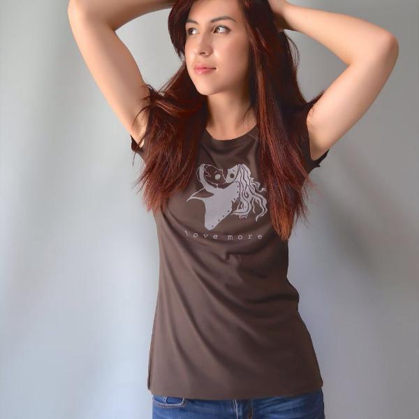 Dark brown bamboo & organic cotton Love More T-Shirt for women featuring romantic heart graphic. Ideal sustainable gift for her.
