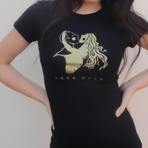 Black Women's Love More T-Shirt in bamboo & organic cotton with gold heart graphic. Stylish and eco-conscious romantic apparel.