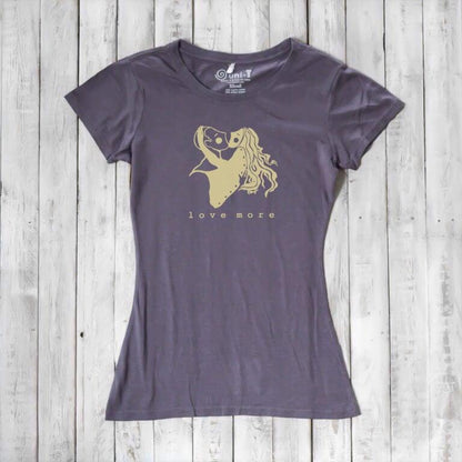Charcoal gray Love More T-Shirt for women made from bamboo & organic cotton. Romantic heart graphic tee for sustainable fashion lovers.