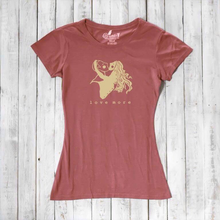 Rust red Women's Love More T-Shirt in bamboo & organic cotton with romantic heart design. Thoughtful eco-friendly gift for her.