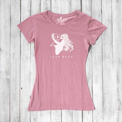 Light pink Women's Love More T-Shirt in bamboo & organic cotton with white heart graphic. Perfect romantic eco-gift for girlfriend or wife.