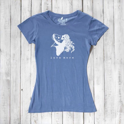Sky blue bamboo & organic cotton Love More T-Shirt for women with white heart graphic. Sustainable and romantic fashion statement.