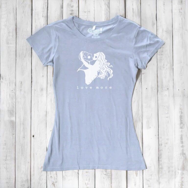 Pale lavender Women's Love More T-Shirt made from bamboo & organic cotton with white heart graphic. Eco-friendly romantic tee.