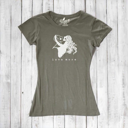 Olive green Women's Love More T-Shirt in bamboo & organic cotton with white heart graphic. Eco-conscious romantic apparel gift.