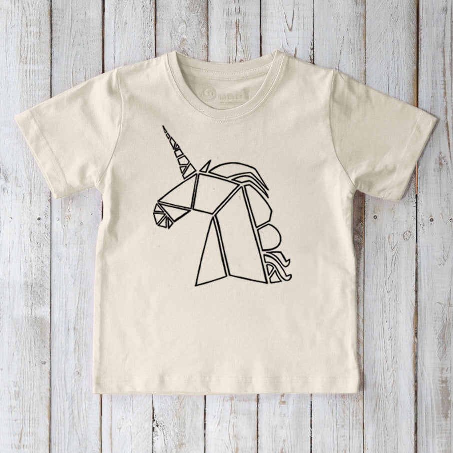 Kids' Unicorn Organic Cotton T-Shirt in cream with black geometric unicorn graphic, eco-friendly fantasy tee by Uni-T.