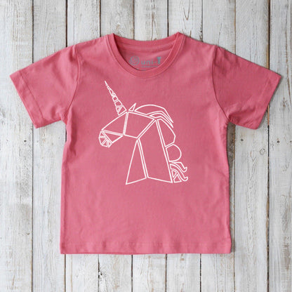 Pink Kids' Organic Cotton Unicorn T-Shirt featuring white geometric unicorn design, sustainable mythical creature top by Uni-T.