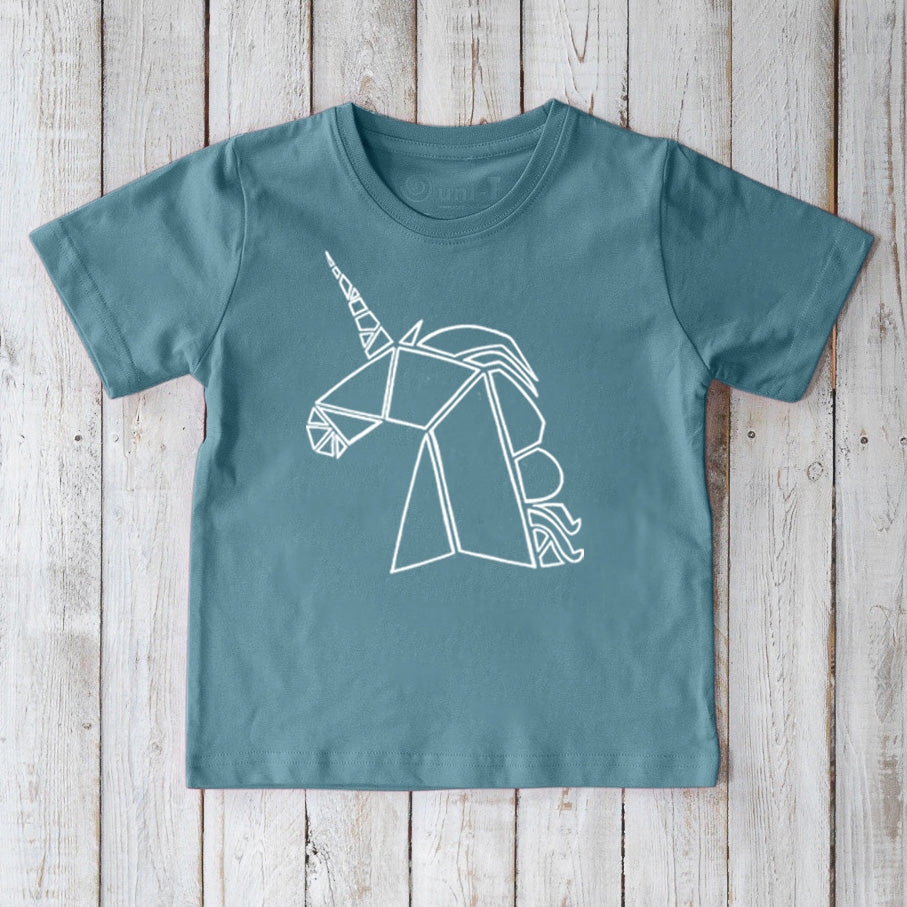 Teal Kids' Unicorn Organic Cotton T-Shirt with white fantasy unicorn line art, soft eco-friendly tee by Uni-T.