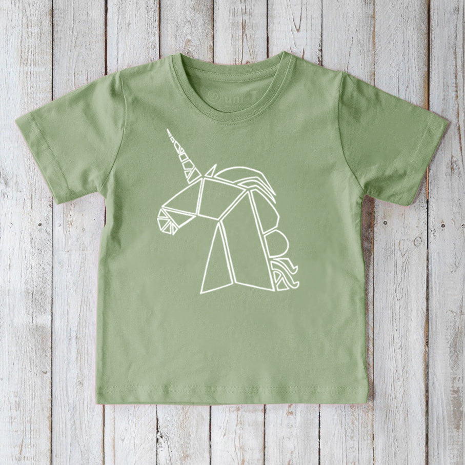 Green Kids' Organic Cotton T-Shirt with white geometric unicorn print, sustainable fantasy apparel by Uni-T.