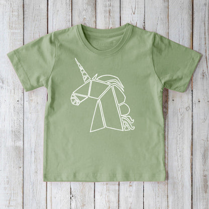 Green Kids' Organic Cotton T-Shirt with white geometric unicorn print, sustainable fantasy apparel by Uni-T.