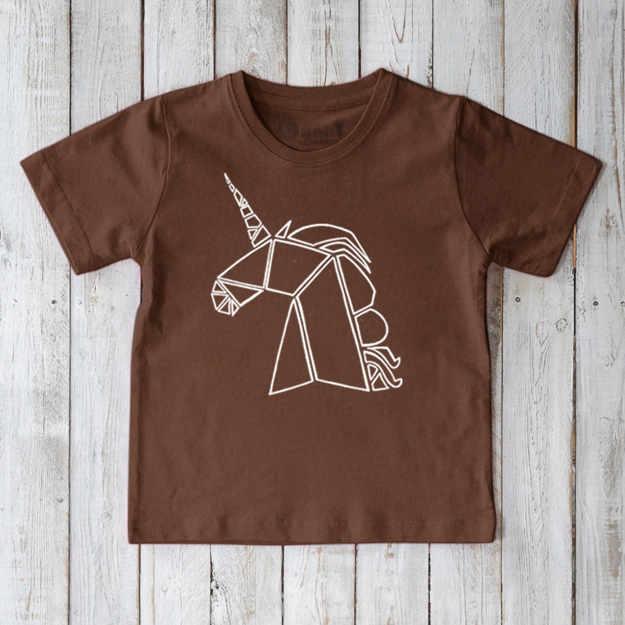 Brown Kids' Unicorn Organic Cotton T-Shirt with white line art unicorn, eco-conscious mythical creature tee by Uni-T.