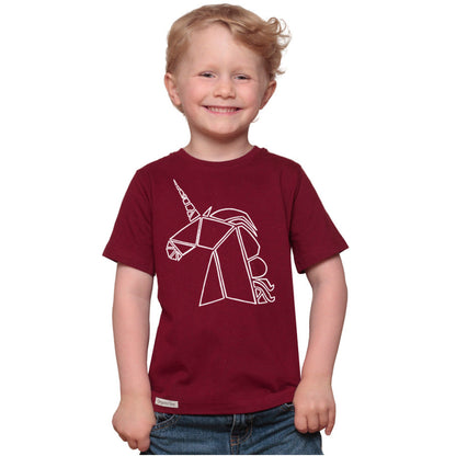 Child wearing maroon Kids' Organic Cotton Unicorn T-Shirt with white geometric unicorn graphic, sustainable gift by Uni-T.