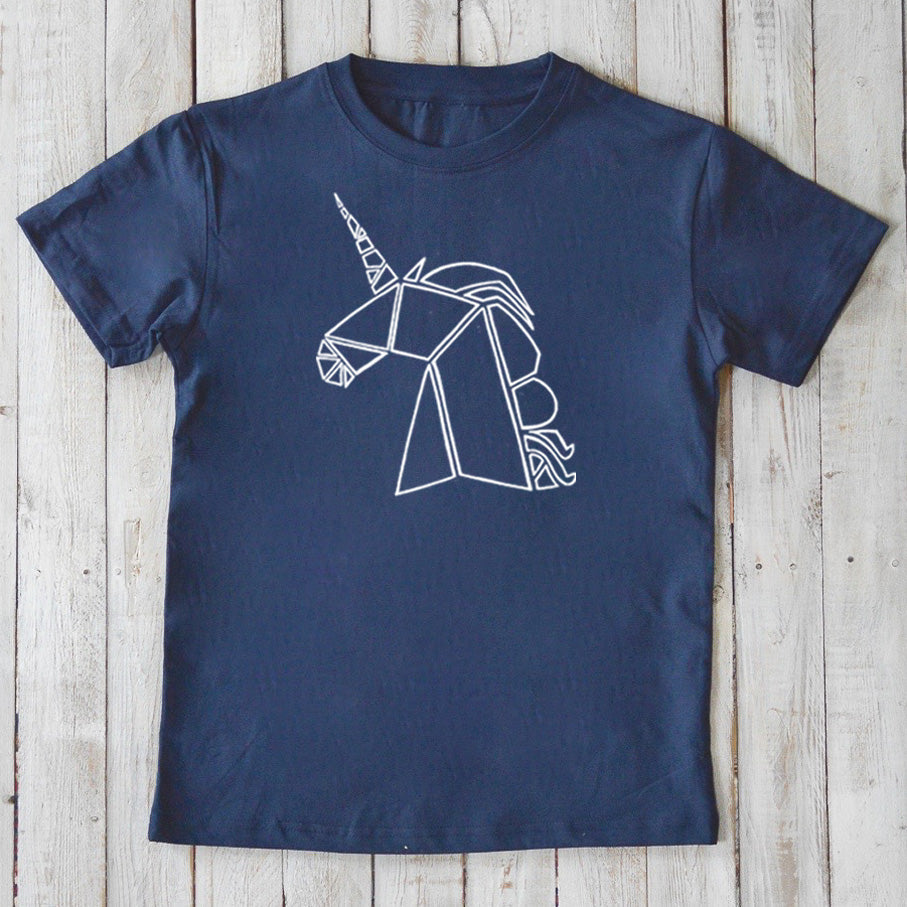 Navy blue Kids' Unicorn Organic Cotton T-Shirt with white geometric unicorn design, fantasy eco tee by Uni-T.