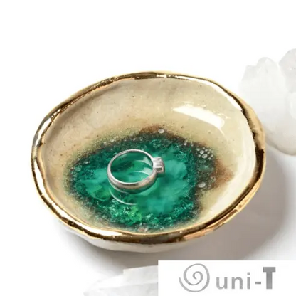 Malachite Oyster Ring Dish, Chakra Bowl, 22k Gold Ceramic Bowl Liza Curtis