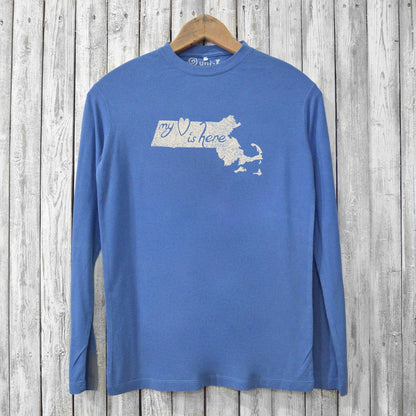 Men's Massachusetts Long Sleeve T-Shirt in blue with 'My Heart Is Here' graphic over state outline. Eco-friendly bamboo and organic cotton fabric.