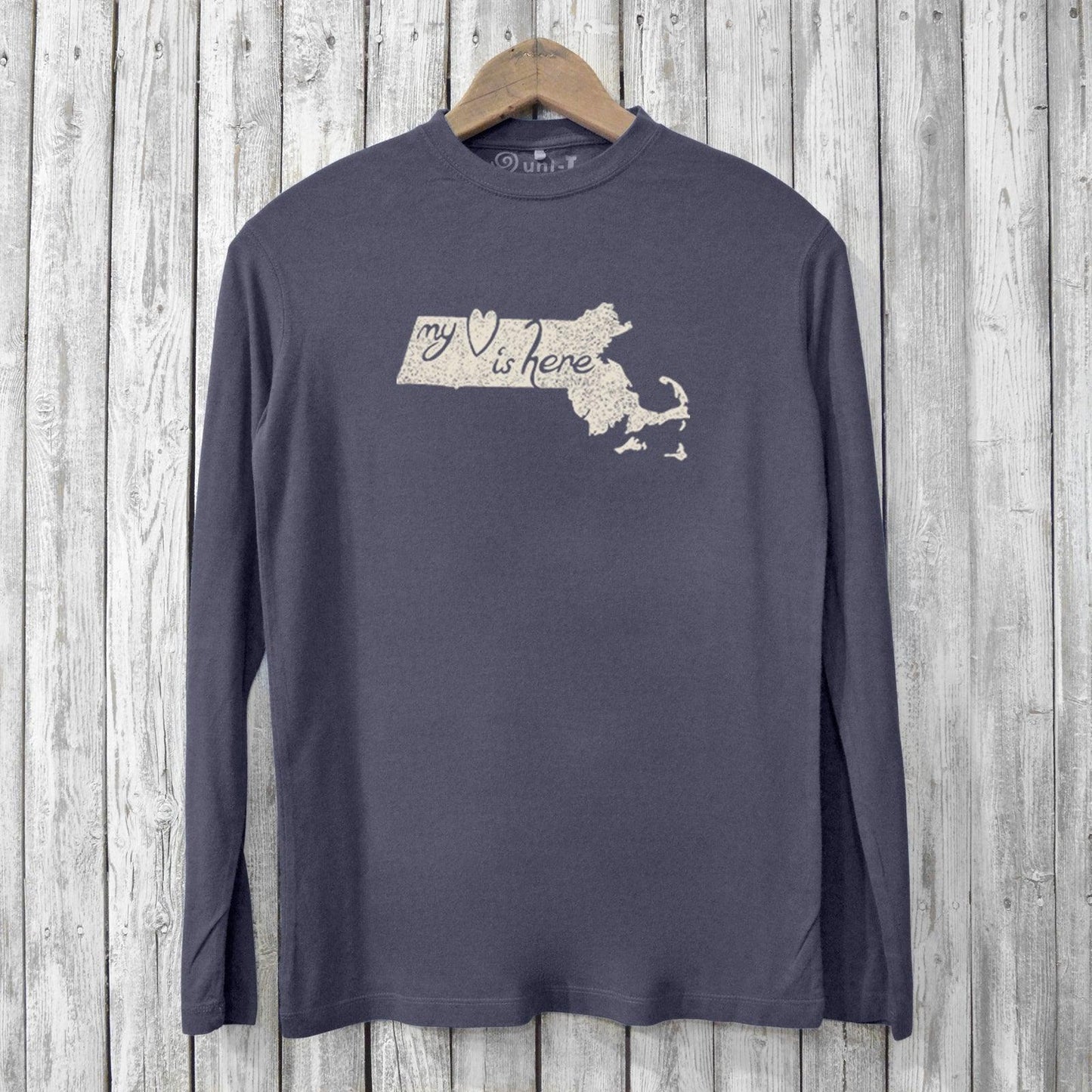 Eco-conscious men's long sleeve T-shirt in navy featuring Massachusetts state outline and 'My Heart Is Here' text. Made from bamboo and organic cotton.