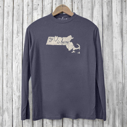 Eco-conscious men's long sleeve T-shirt in navy featuring Massachusetts state outline and 'My Heart Is Here' text. Made from bamboo and organic cotton.