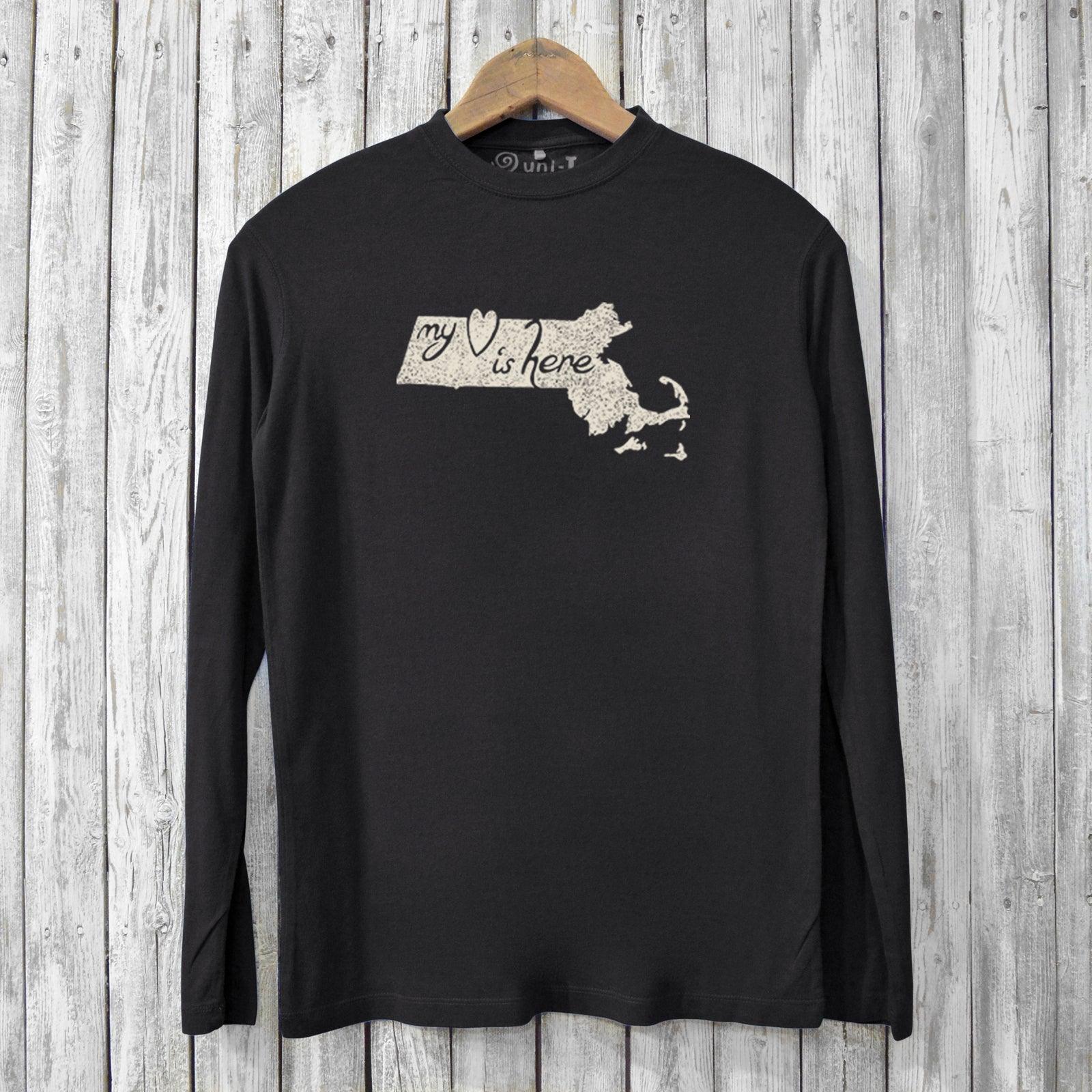 Black men's Massachusetts long sleeve T-shirt with heart-themed state graphic. Sustainable bamboo and organic cotton blend for comfort and style.