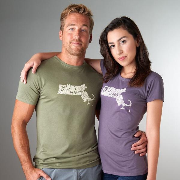 Couple wearing Men's Massachusetts T-Shirt in bamboo and organic cotton with 'My Heart Is Here' graphic, perfect Bay State souvenir gift.