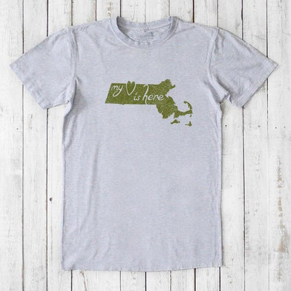 Heather gray Men's Massachusetts T-Shirt in bamboo and organic cotton with green 'My Heart Is Here' state outline graphic.