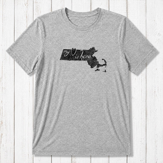 Heather gray Men's Massachusetts T-Shirt in bamboo and organic cotton with green 'My Heart Is Here' state outline graphic.
