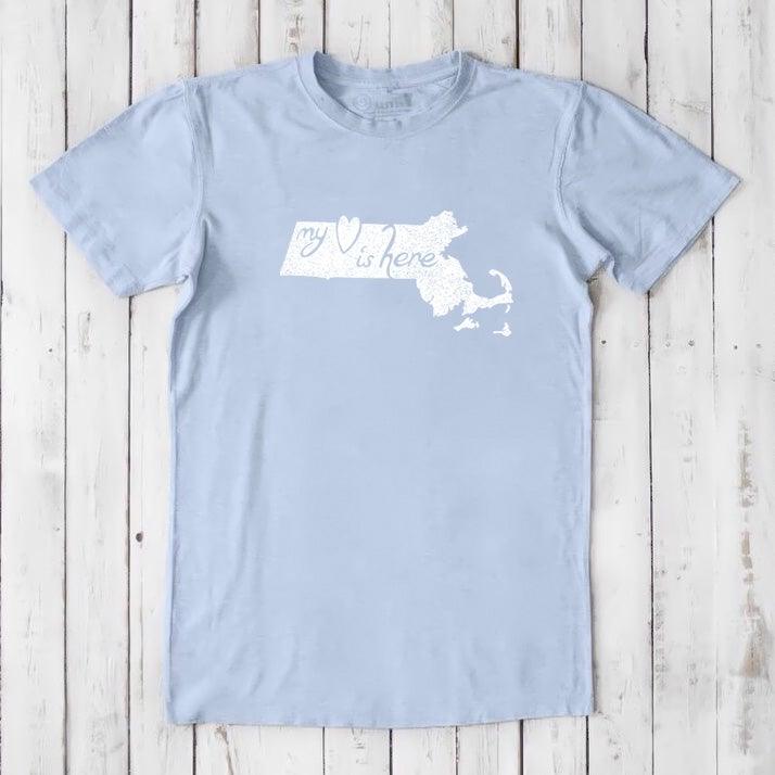 Light blue Massachusetts T-Shirt for men made from bamboo and organic cotton, featuring white 'My Heart Is Here' state pride design.