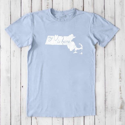 Light blue Massachusetts T-Shirt for men made from bamboo and organic cotton, featuring white 'My Heart Is Here' state pride design.