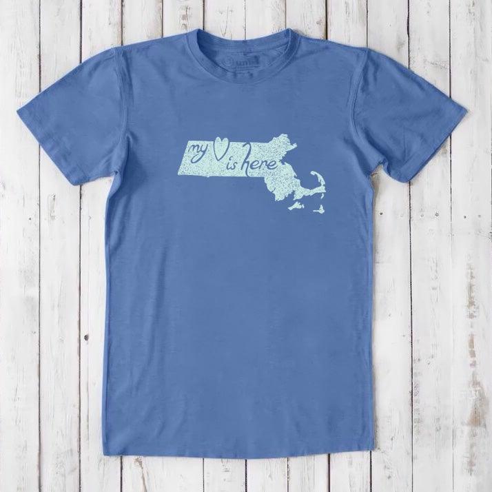 Blue Men's Massachusetts T-Shirt in bamboo and organic cotton with light blue 'My Heart Is Here' graphic, a sustainable local gift.