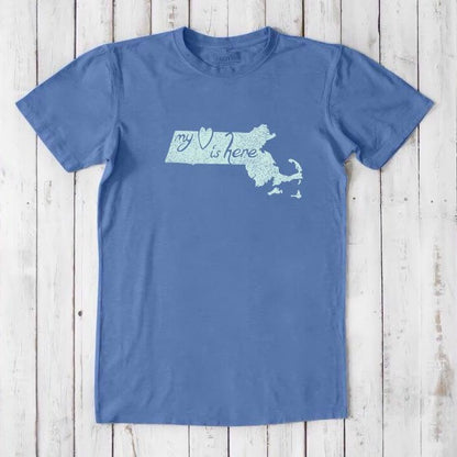 Blue Men's Massachusetts T-Shirt in bamboo and organic cotton with light blue 'My Heart Is Here' graphic, a sustainable local gift.