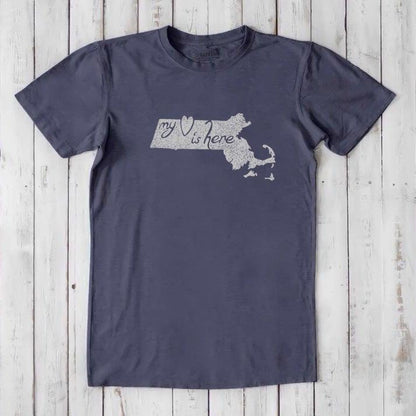 Charcoal gray Massachusetts T-Shirt for men with eco-friendly bamboo and organic cotton fabric, featuring 'My Heart Is Here' print.