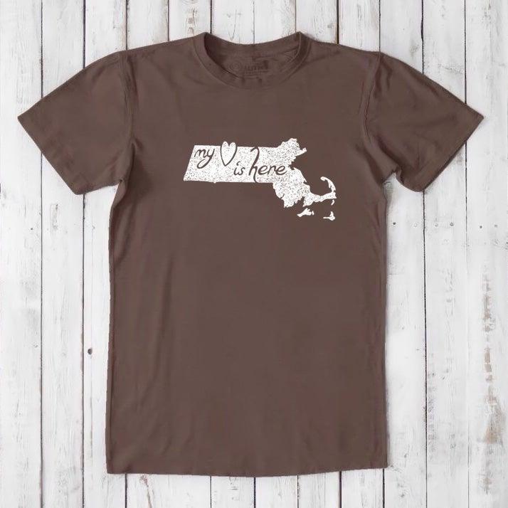 Brown bamboo and organic cotton Massachusetts T-Shirt for men with white 'My Heart Is Here' state pride graphic design.