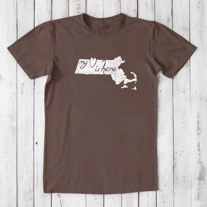 Brown bamboo and organic cotton Massachusetts T-Shirt for men with white 'My Heart Is Here' state pride graphic design.