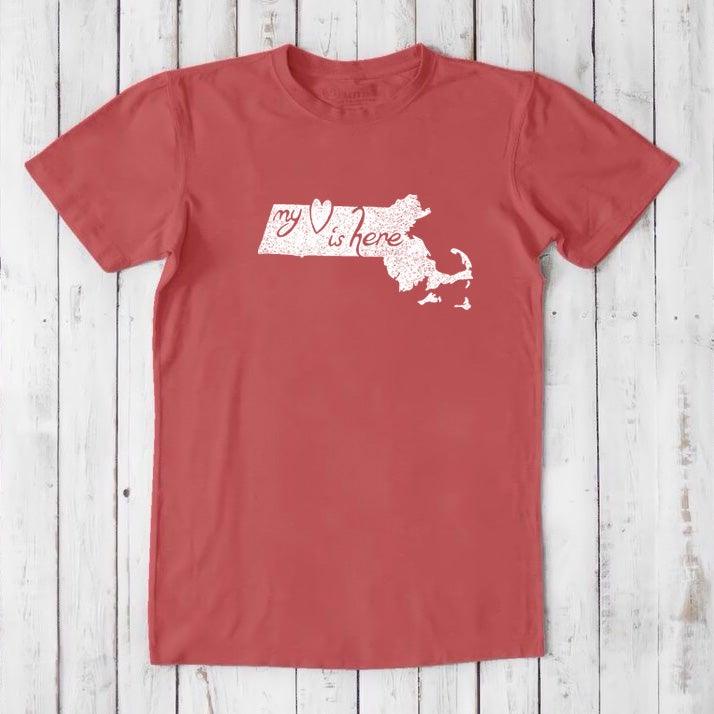 Red Men's Massachusetts T-Shirt made from bamboo and organic cotton, featuring white 'My Heart Is Here' Bay State souvenir print.