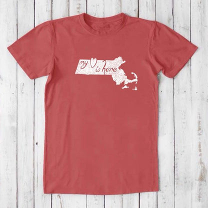 Red Men's Massachusetts T-Shirt made from bamboo and organic cotton, featuring white 'My Heart Is Here' Bay State souvenir print.