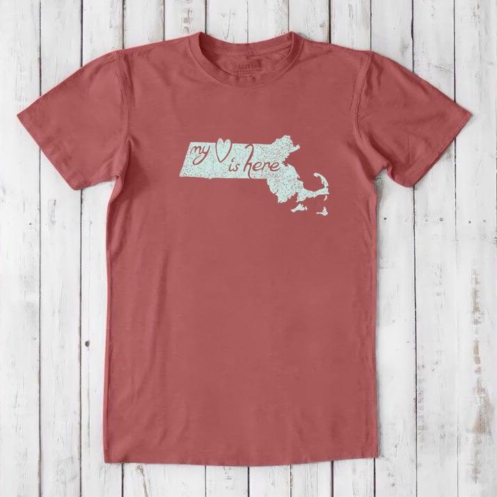 Red Men's Massachusetts T-Shirt with light blue 'My Heart Is Here' graphic, crafted from sustainable bamboo and organic cotton.