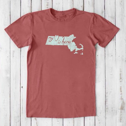 Red Men's Massachusetts T-Shirt with light blue 'My Heart Is Here' graphic, crafted from sustainable bamboo and organic cotton.