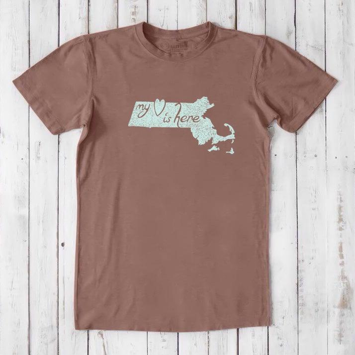 Chestnut brown Massachusetts T-Shirt for men with light blue 'My Heart Is Here' print, made from eco-friendly bamboo and cotton blend.
