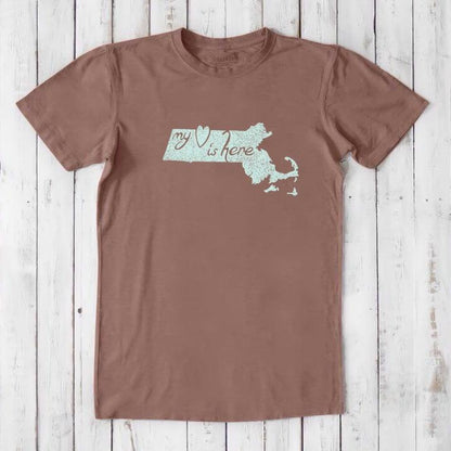 Chestnut brown Massachusetts T-Shirt for men with light blue 'My Heart Is Here' print, made from eco-friendly bamboo and cotton blend.