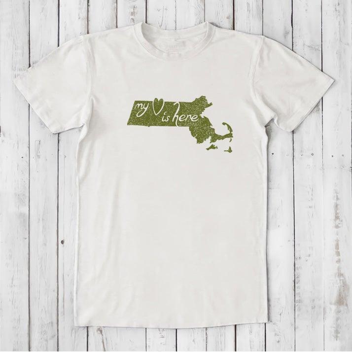 White Men's Massachusetts T-Shirt in bamboo and organic cotton with green 'My Heart Is Here' graphic, ideal local pride gift.