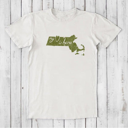 White Men's Massachusetts T-Shirt in bamboo and organic cotton with green 'My Heart Is Here' graphic, ideal local pride gift.