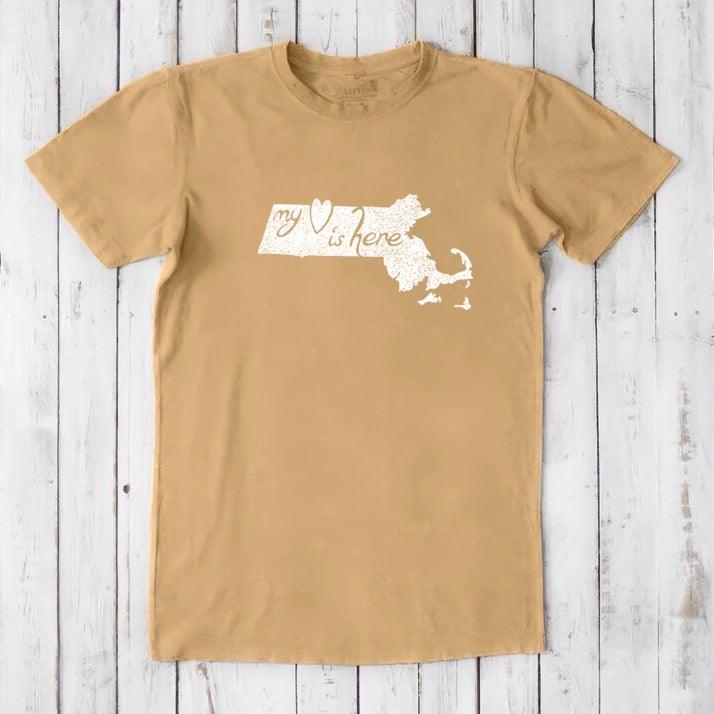 Tan Massachusetts T-Shirt for men made from bamboo and organic cotton, featuring white 'My Heart Is Here' state outline design.