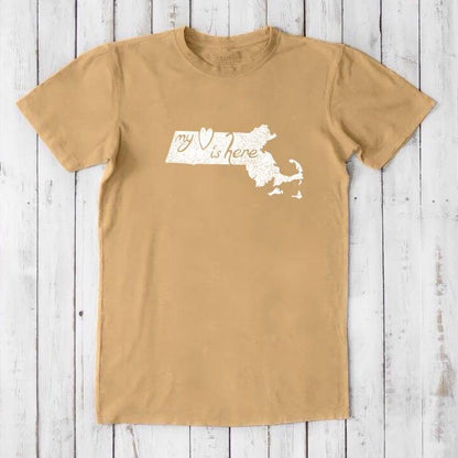 Tan Massachusetts T-Shirt for men made from bamboo and organic cotton, featuring white 'My Heart Is Here' state outline design.