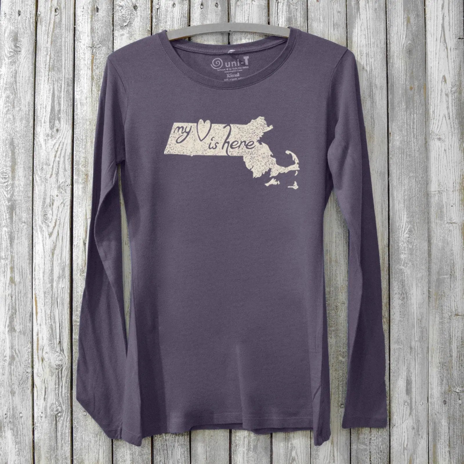 Women's Massachusetts long sleeve t-shirt in dark purple bamboo and organic cotton with 'My Heart Is Here' state graphic. Cozy Bay State souvenir tee.