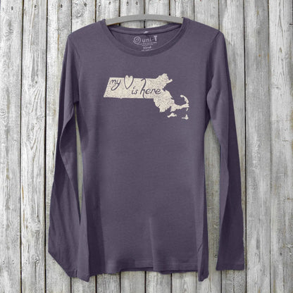 Women's Massachusetts long sleeve t-shirt in dark purple bamboo and organic cotton with 'My Heart Is Here' state graphic. Cozy Bay State souvenir tee.