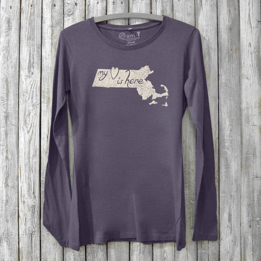 Women's Massachusetts long sleeve t-shirt in dark purple bamboo and organic cotton with 'My Heart Is Here' state graphic. Cozy Bay State souvenir tee.
