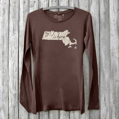 Dark brown women's long sleeve graphic tee in bamboo and organic cotton with Massachusetts map and 'My Heart Is Here' design. Ideal local pride gift.