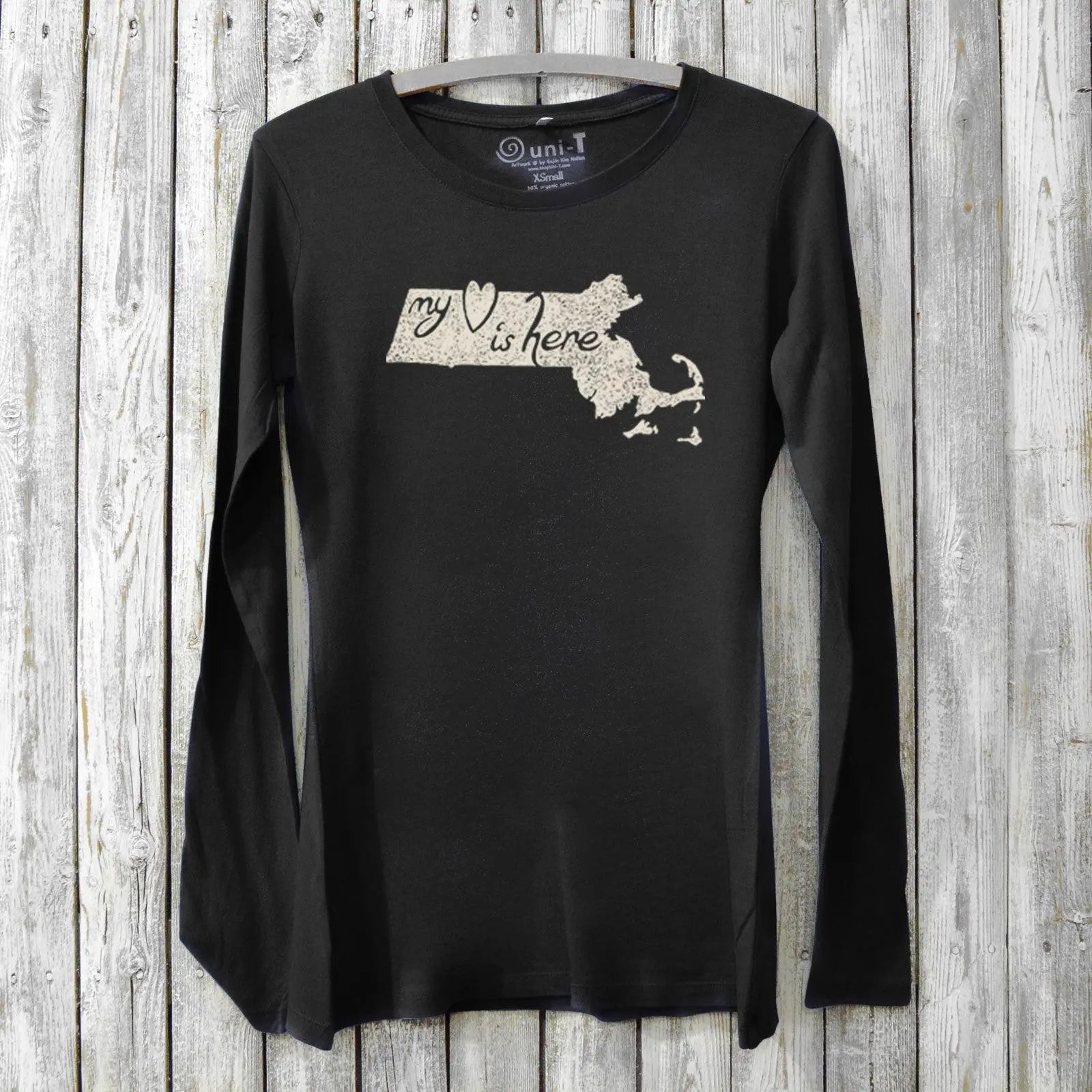 Black bamboo and organic cotton long sleeve t-shirt for women with Massachusetts state graphic and 'My Heart Is Here' text. Thoughtful Bay State gift.